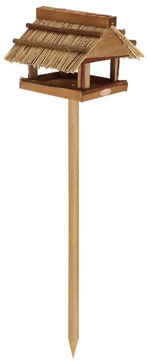 Leszúrható fa madáretető, szalma tetővel, 113 cm