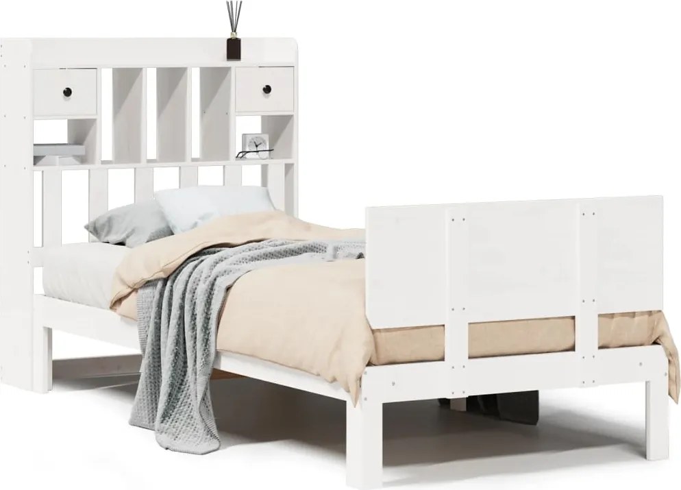 vidaXL fehér tömör fenyőfa könyvespolcos ágy matrac nélkül 90 x 190 cm