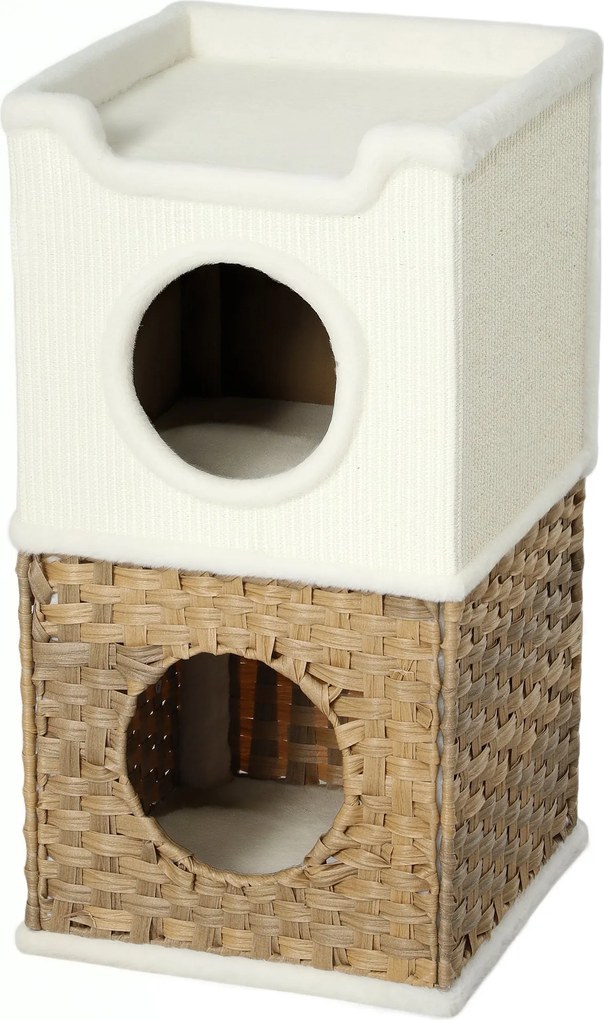 PawHut Benti Macska Niche 3 Szintes Macska Torony Nyitott Felülettel, Zsákos Kaparóhenger Kiskedvenceknek 6 kg-ig, 41 x 41 x 75,5 cm, Krém | Aosom