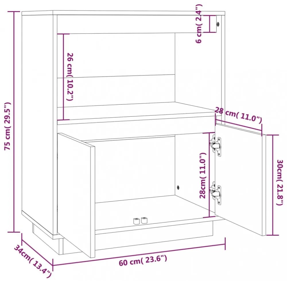 szürke tömör fenyőfa tálalószekrény 60 x 34 x 75 cm