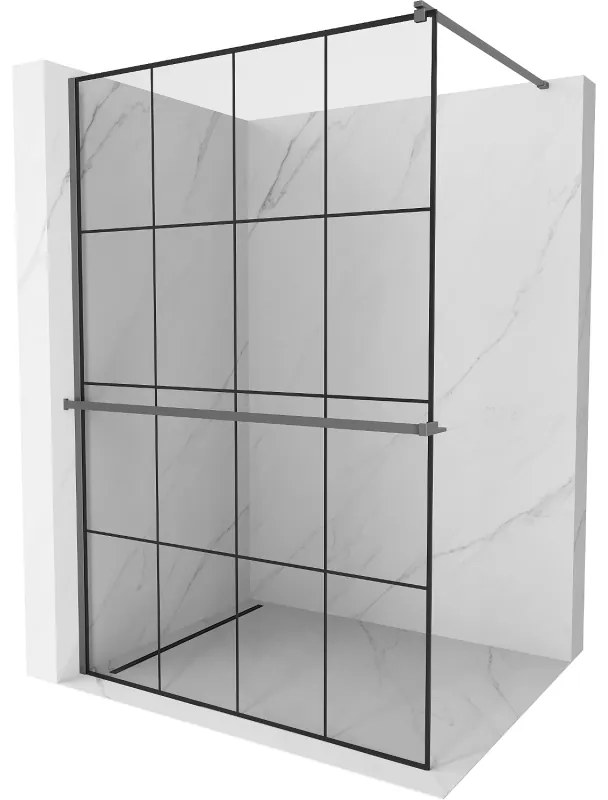 Mexen Kioto+, Walk-In zuhanyparaván polccal és akasztóval 130 x 200 cm, 8 mm átlátszó üveg fekete mintás, grafit profil, 800-130-121-95-77
