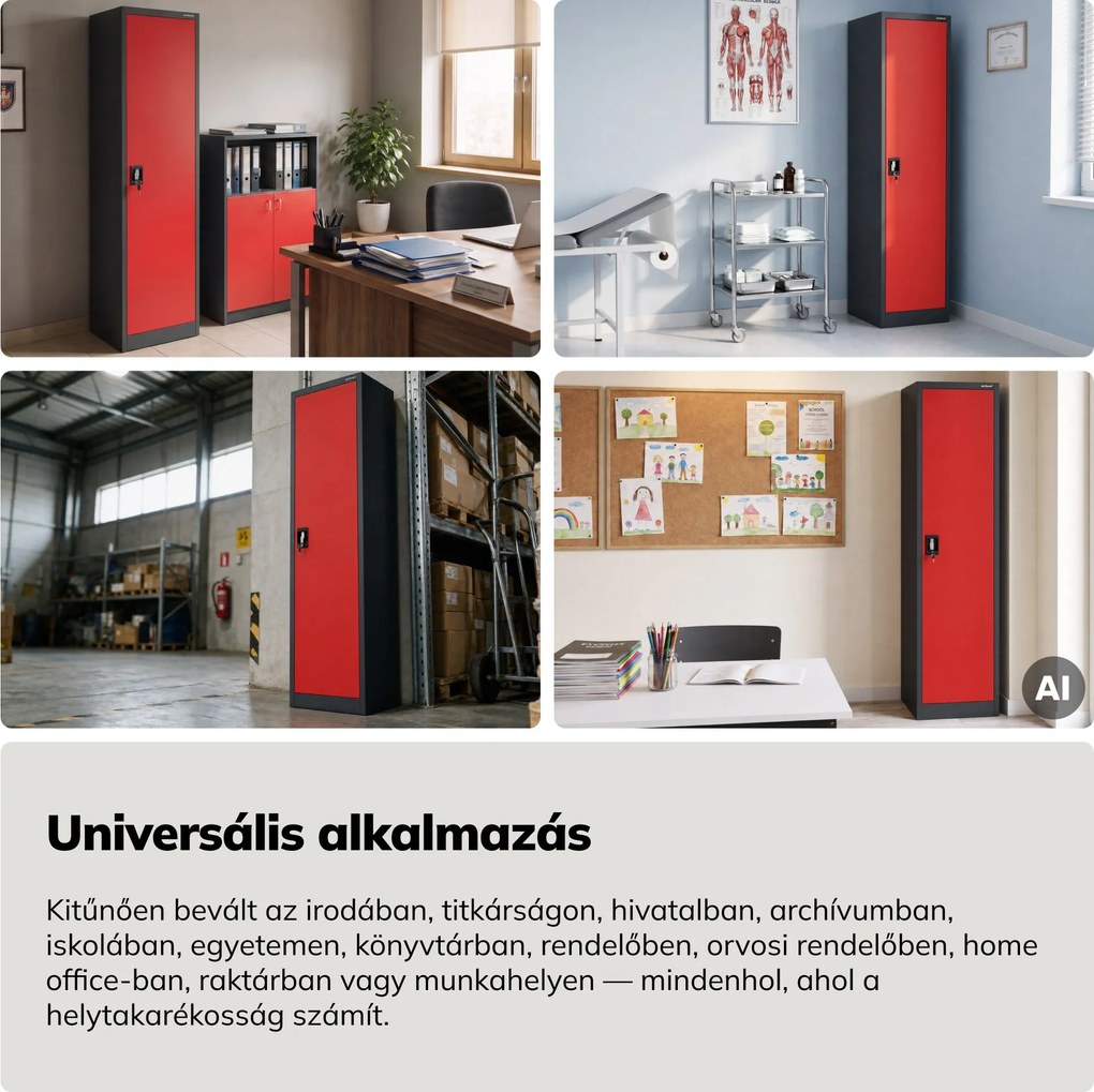 Zárható kartotékszekrény iratokhoz, antracit-piros, 450x1850x400 mm: ALEX