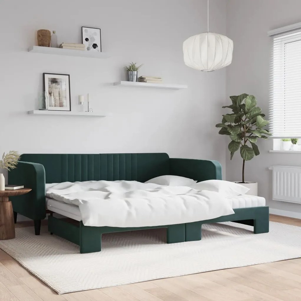 sötétzöld kihúzható bársony heverő matraccal 100 x 200 cm