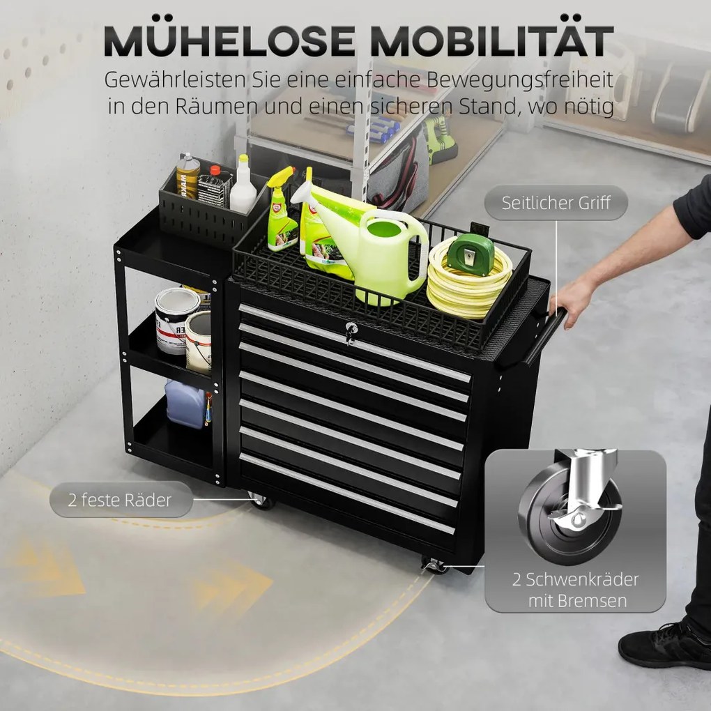 Műhelykocsi szerszámkocsi 7 fiókkal, kivehető oldalsó polccal, fekete