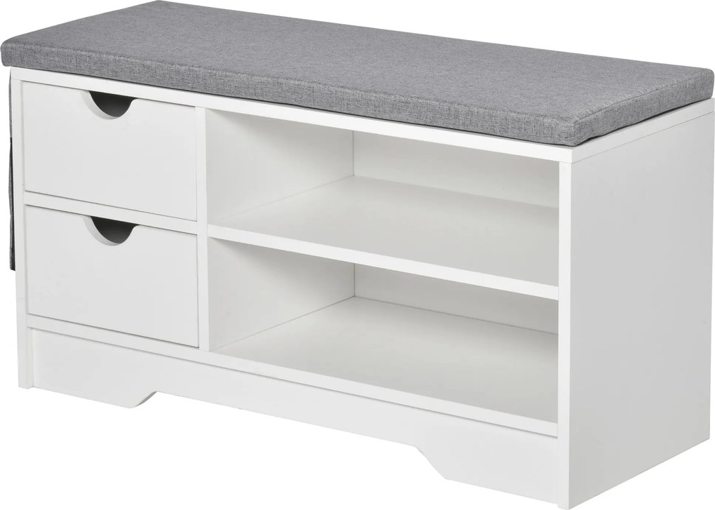 HOMCOM Cipőtartó Pad Üléssel, 2 Polccal, Levehető Párnázott Táskával és 2 Fiókkal. Bejárati Pad 4 Pár Cipőhöz modern Előszobába, 80.5x30.5x43.5 cm, Fe