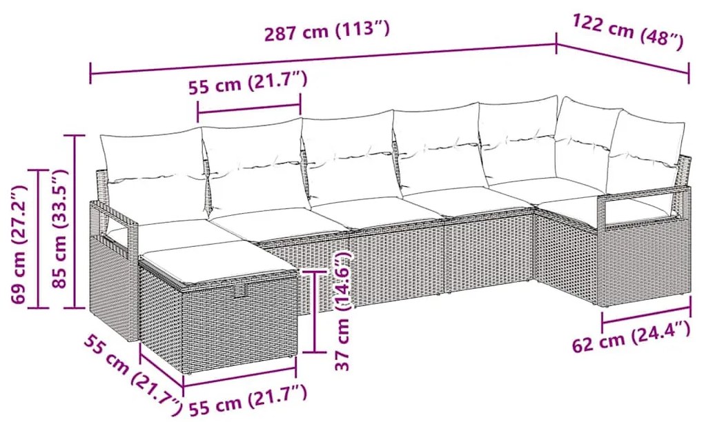 Kerti Kanapé Szett 7 pcs Barna és krémszínű 287 x 122 x 85 cm