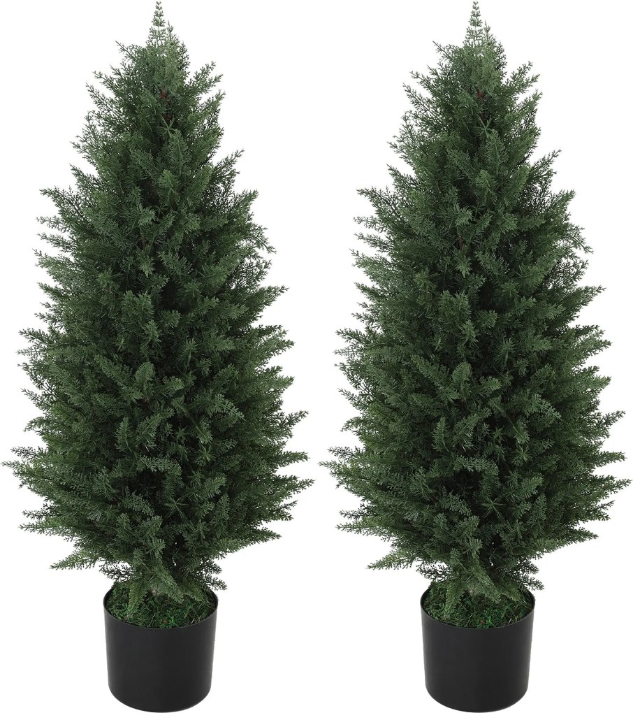 HOMCOM Mesterséges Ciprus 2 darabos készlet 90 cm-es mesterséges növényekkel, cserépben, UV-álló mesterséges fa, mint egy valósághű dekoráció a nappal