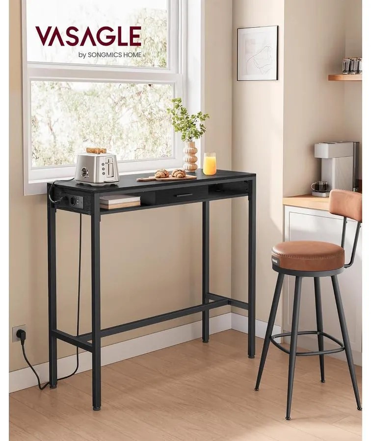 Bárasztal, magas konzolasztal töltőállomással és szövet fiókkal, fekete
