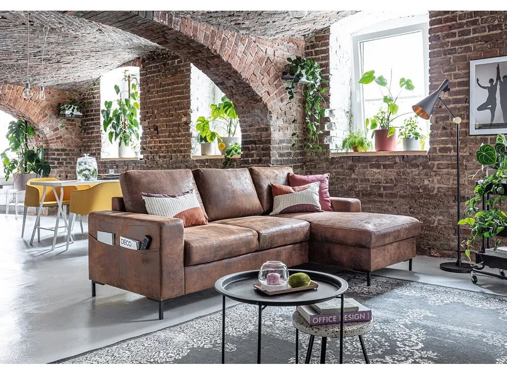 Lofty Lilly Vintage barna kinyitható bőrutánzat sarokkanapé, jobb oldali - Miuform