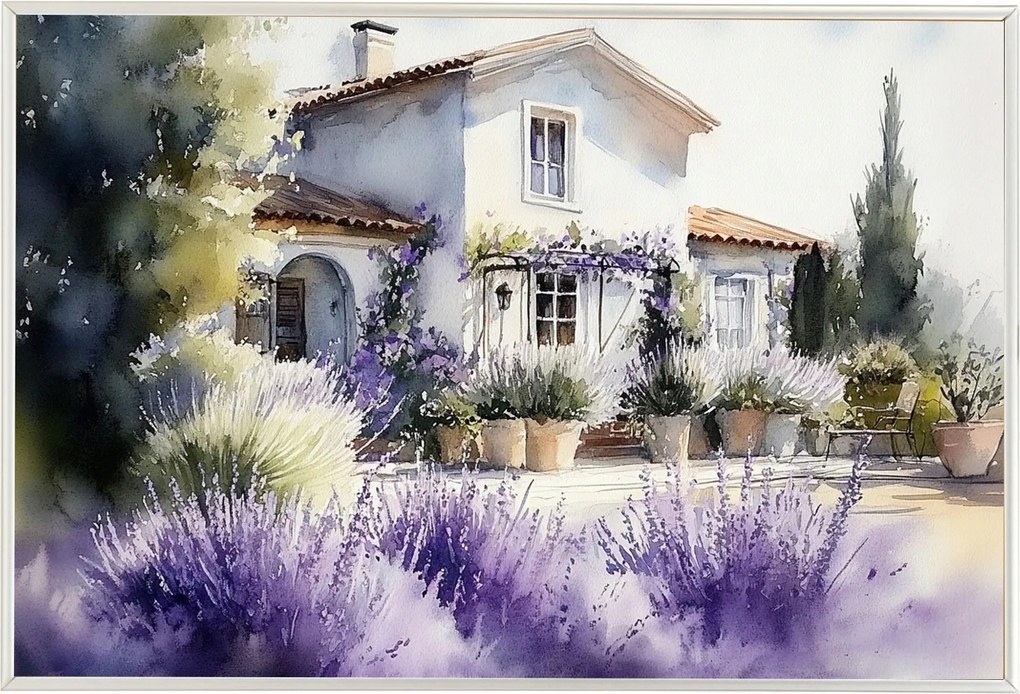 Poszter Keret Alumínium Tájkép Provence Ház Villa Kert Levendula 60x40
