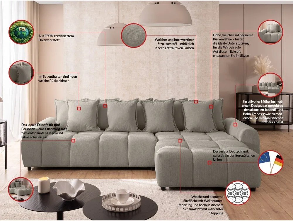 Szürkésbarna sarokkanapé (jobb oldali-heverő résszel) Albane – Ropez