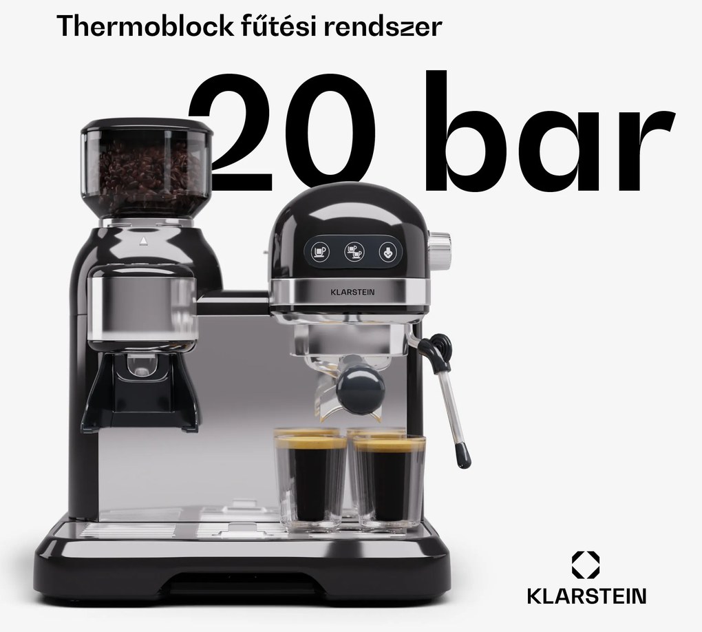 Klarstein Bella Café, eszpresszó kávéfőző, őrlővel együtt, 1550 W, 20 bar, 1,4 liter