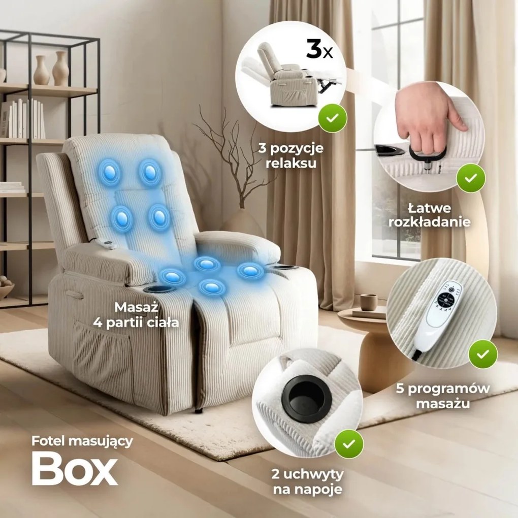 Dönthető masszázsfotel bézs kord kárpittal – BOX