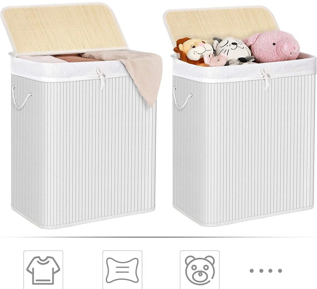 Bambusz szennyeskosár 100L, 2 rekeszes ruhakosár mosható zsákkal