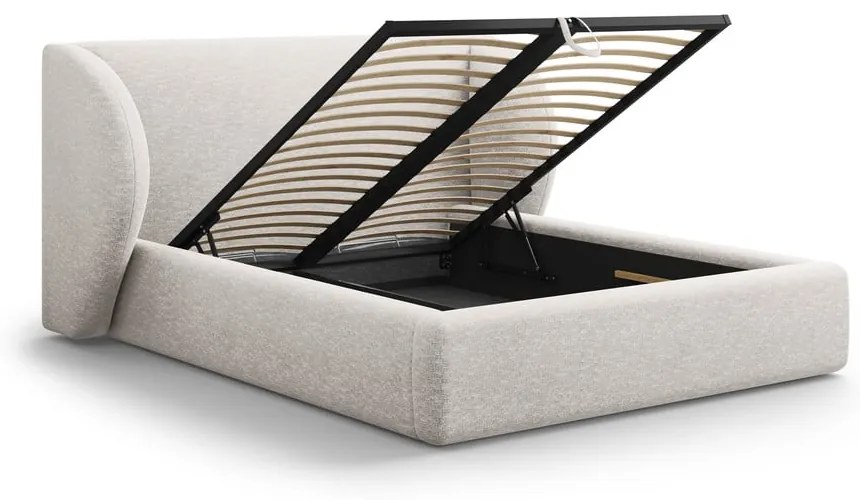 Világosszürke kárpitozott ágyneműtartós franciaágy ágyráccsal 200x200 cm Miley – Micadoni