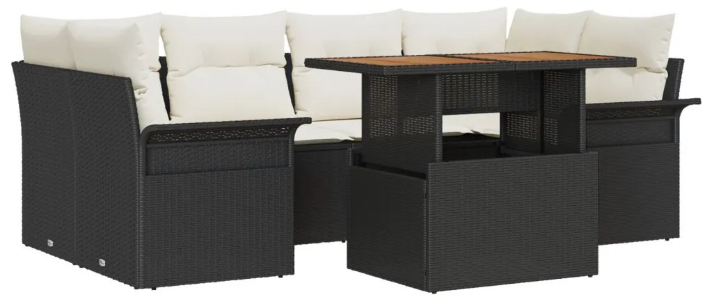 7 darabos kerti kanapé szett párnákkal fekete poly rattan akácia