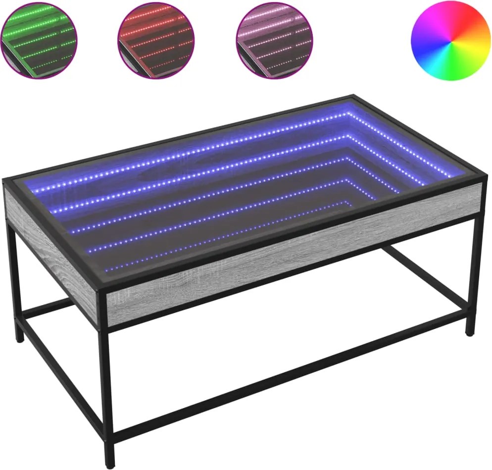 vidaXL szürke sonoma végtelen hatású LED-es dohányzóasztal 90x50x41 cm