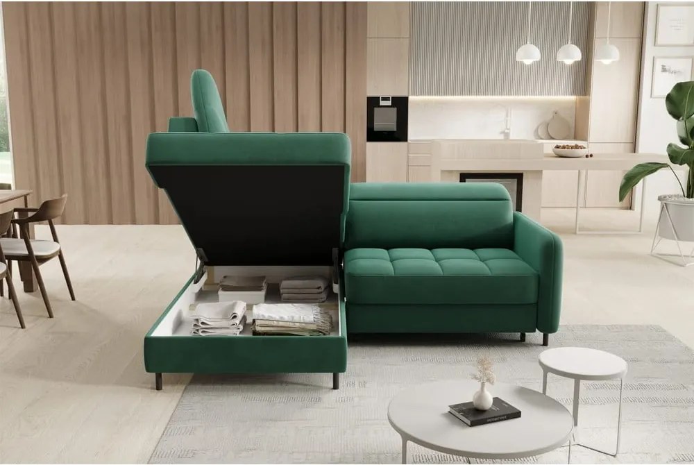 Zöld bársony kinyitható-tárolóhelyes sarokkanapé (bal oldali-L alakú) Barea – ELTAP