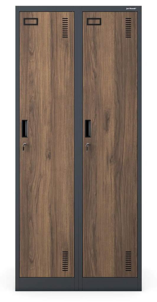 Pléh öltözőszekrény talpazaton, kétmodulos, polccal és köztes fallal KACPER, 800 x 1800 x 500 mm, Eco Design: antracit/ dió