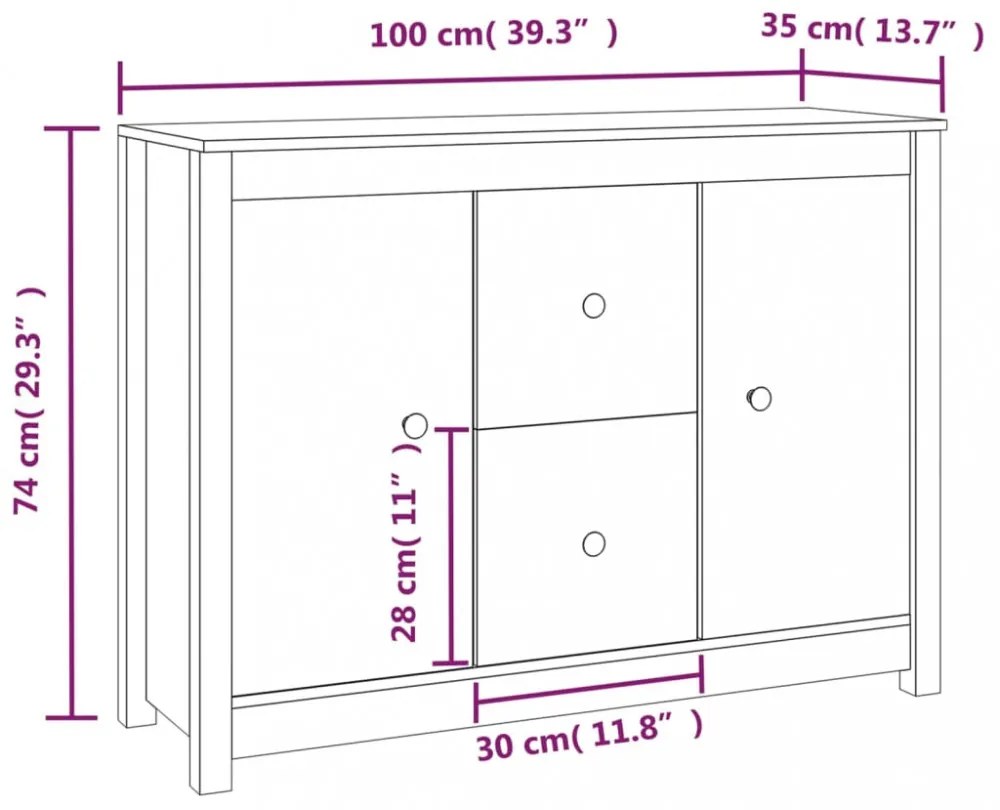 fekete tömör fenyőfa tálalószekrény 100 x 35 x 74 cm