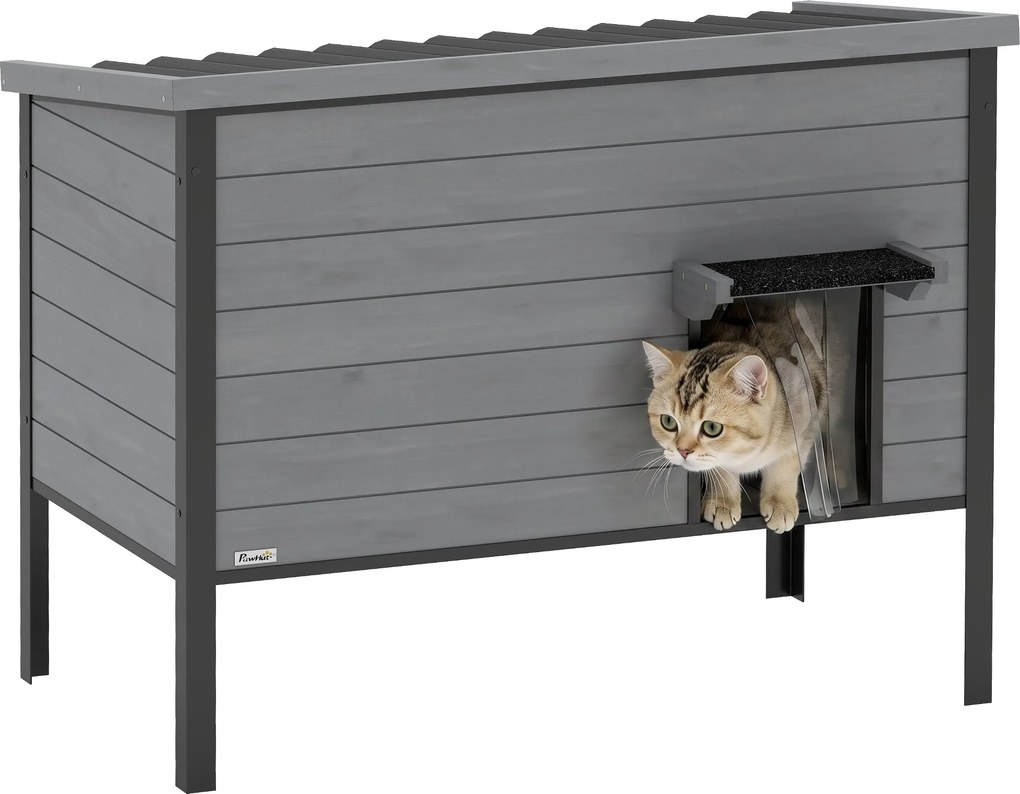 PawHut időjárásálló fa macskaház zsanéros tetővel és levehető padlóval, 85 x 55 x 70 cm – beltéri/kültéri macskabúvóhely 1–2 macskának (max. 12 kg/mac