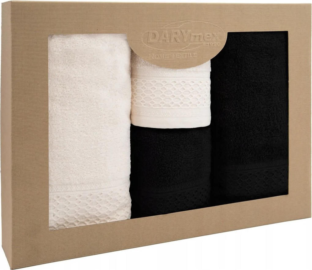 Solano törölköző készlet, 4 db-os, krémszínű és fekete, díszdobozban