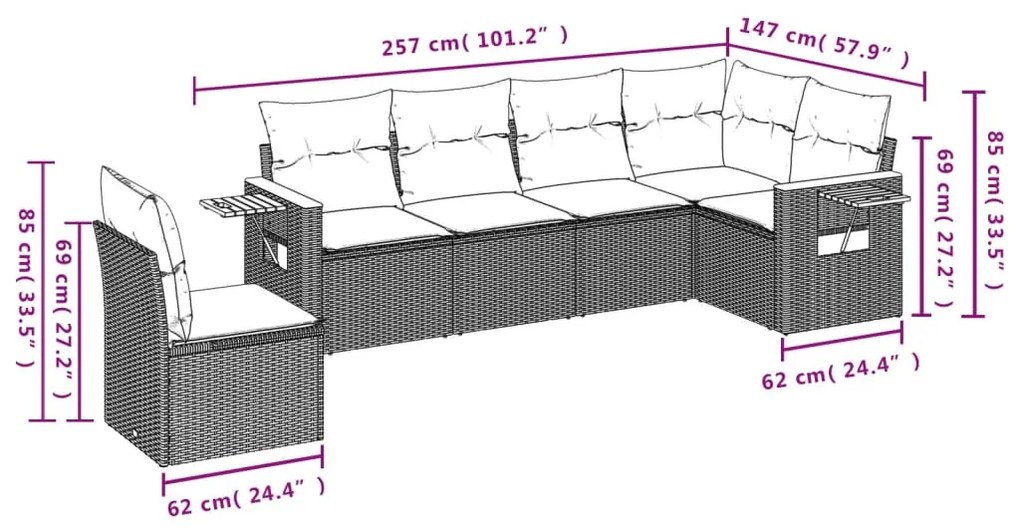 6 részes fekete polyrattan kerti ülőgarnitúra párnákkal