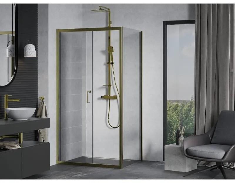 Mexen Apia zuhanykabin tolóajtóval 125 (ajtó) x 100 (fal) cm, 5mm átlátszó üveg, arany profil, 840-125-100-50-00