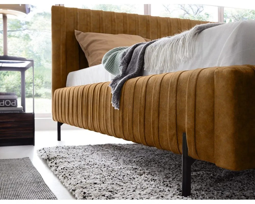 Okkersárga kárpitozott ágyneműtartós franciaágy ágyráccsal 160x200 cm Plissa – ELTAP