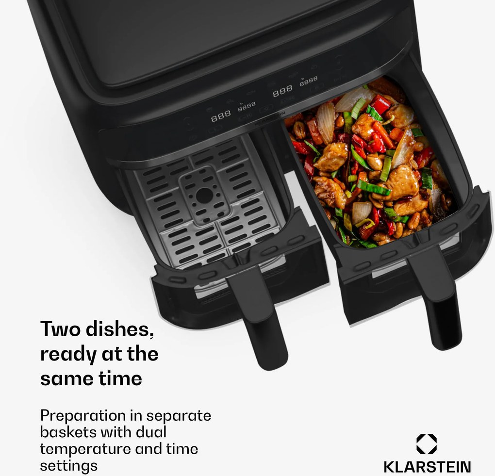 Klarstein VitaFry Duo Skylight, forrólevegős fritőz, 2850 W, 7,6 l, 2 főzőzóna, 6 program