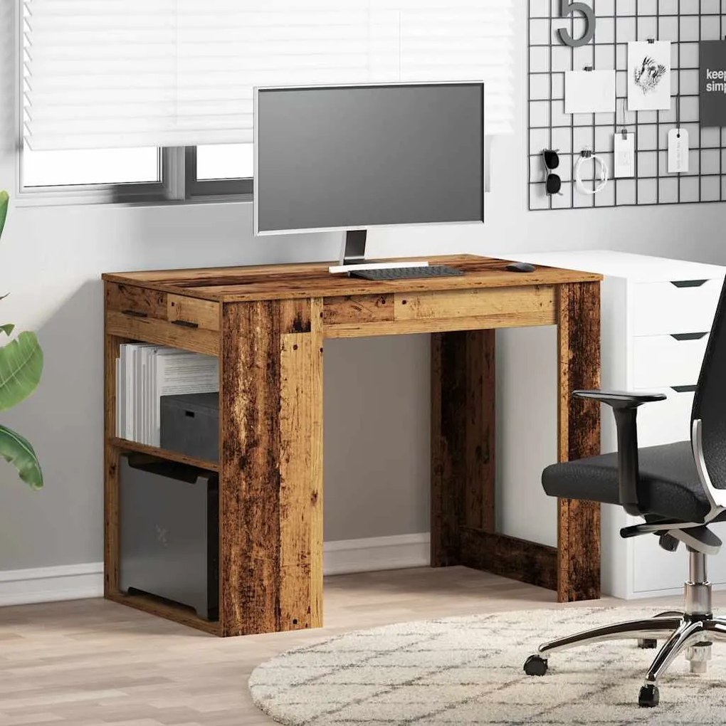 íróasztal fiókkal és polccal régi fa 102x62x77,5 cm gépelt fa