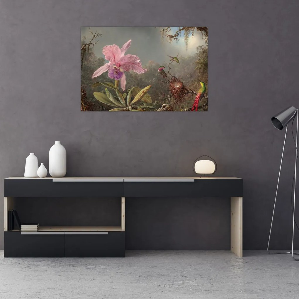 Kép - Martin Johnson Heade, Cattleya Orchid and Three Hummingbirds, reprodukciók (90x60 cm)