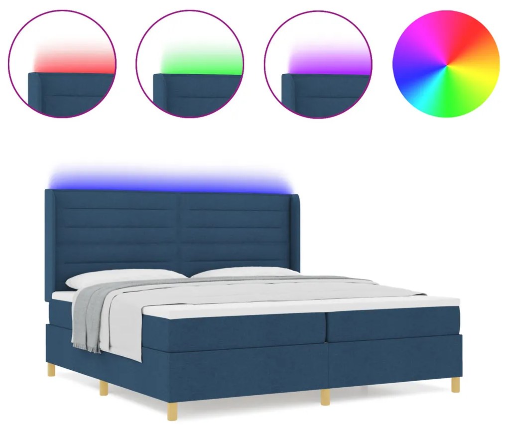 Boxspring Ágy Matraccal és Kék LED-del 200x200 cm Szövet