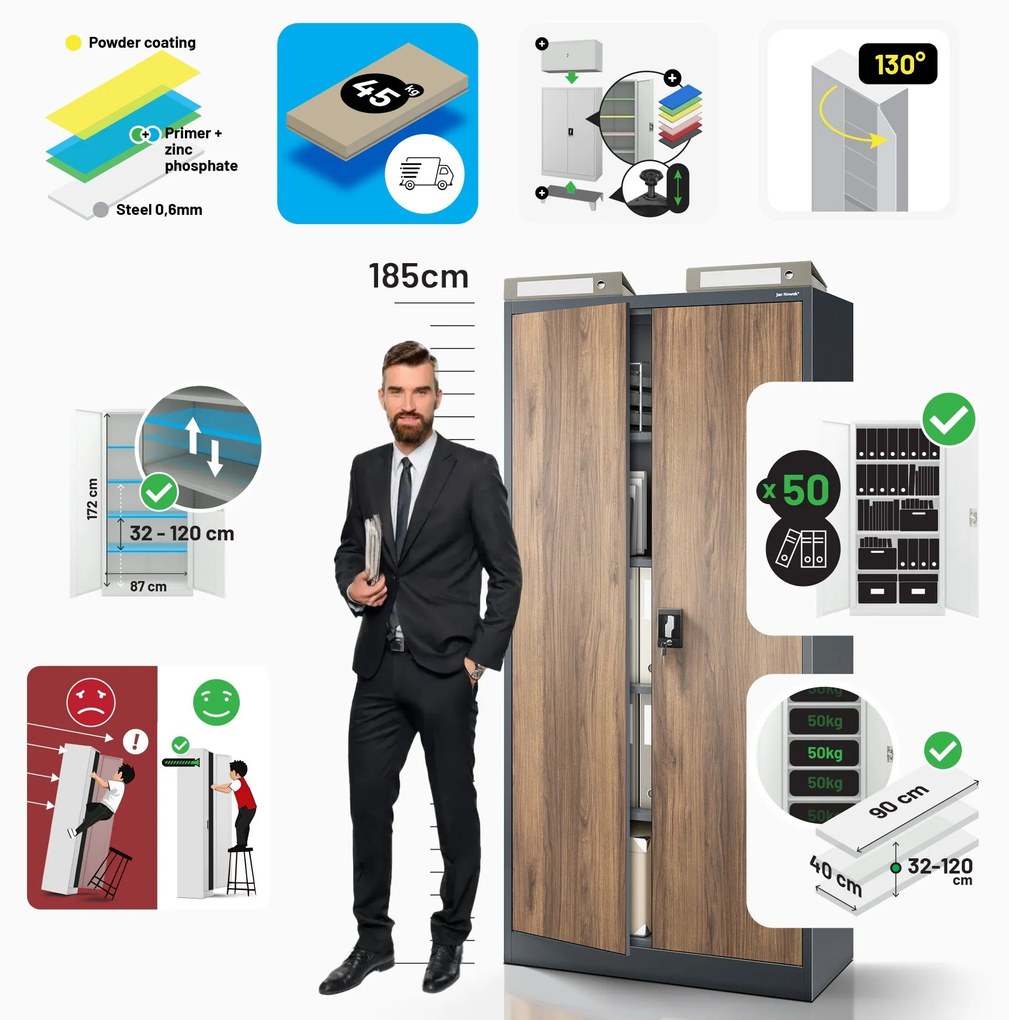 Fém iratszekrény JAN, 900 x 1850 x 400 mm, Eco Design: antracit/ dió