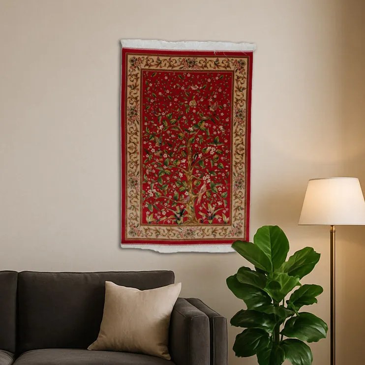 Selyem szőnyeg Életfa motívum bordó 80x120 minőségi viszkóz selyem szőnyeg Iránból