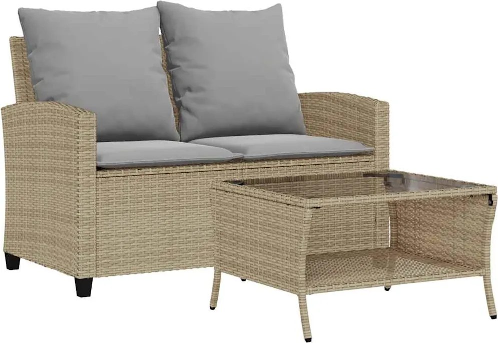 vidaXL 2 személyes bézs polyrattan kerti kanapé asztallal&párnával