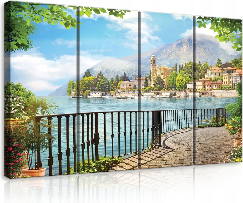 Vászonkép 120x80 Tó hegyek tengerpart villa templom harangtorony Olaszország Como nyár