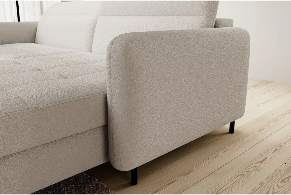 Bézs buklé kinyitható-tárolóhelyes sarokkanapé (jobb oldali-heverő résszel) Gomsi – ELTAP