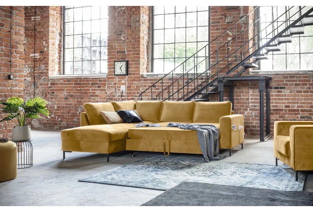 Sárga bársony kinyitható sarokkanapé (bal oldali) Lofty Lilly – Miuform