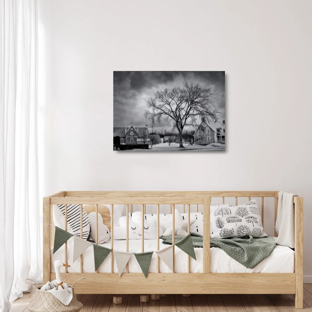 Fekete fehér falu képe (üvegen) (70x50 cm)