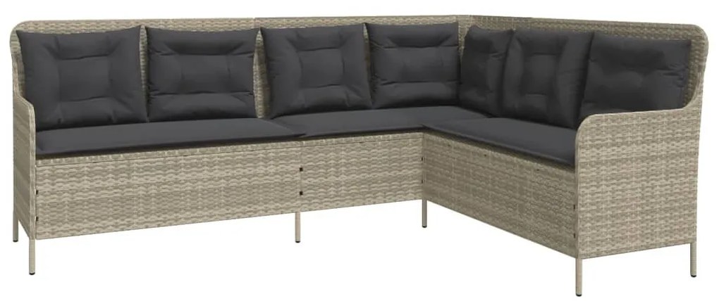 Világosszürke polyrattan L-alakú kerti kanapé párnákkal