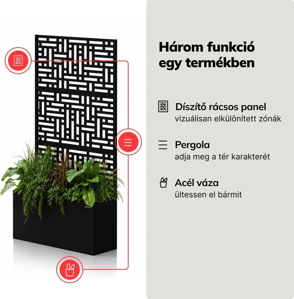 Fém kerti pergola virágládával 3in1, fekete, 900x1800x300 mm: ROSE