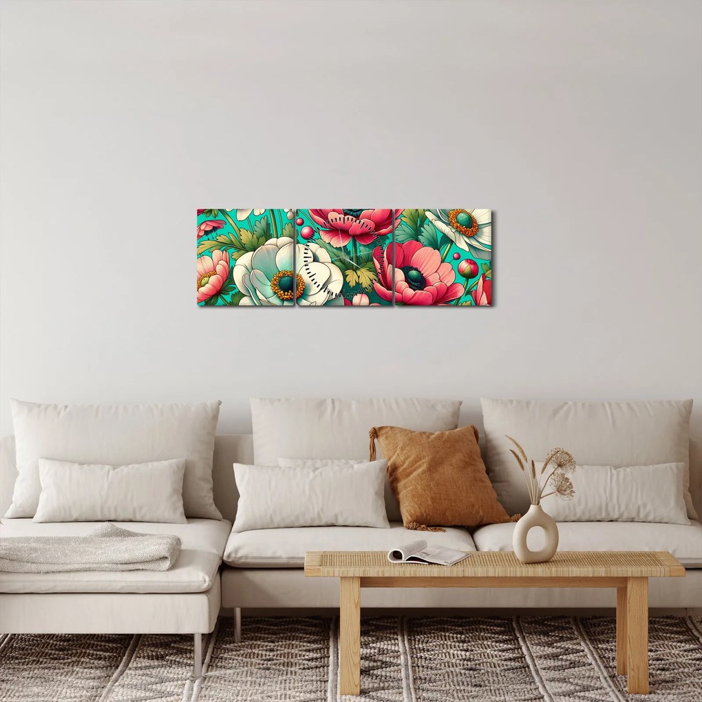 Kép - Virágok kék háttéren (órával) (90x30 cm)