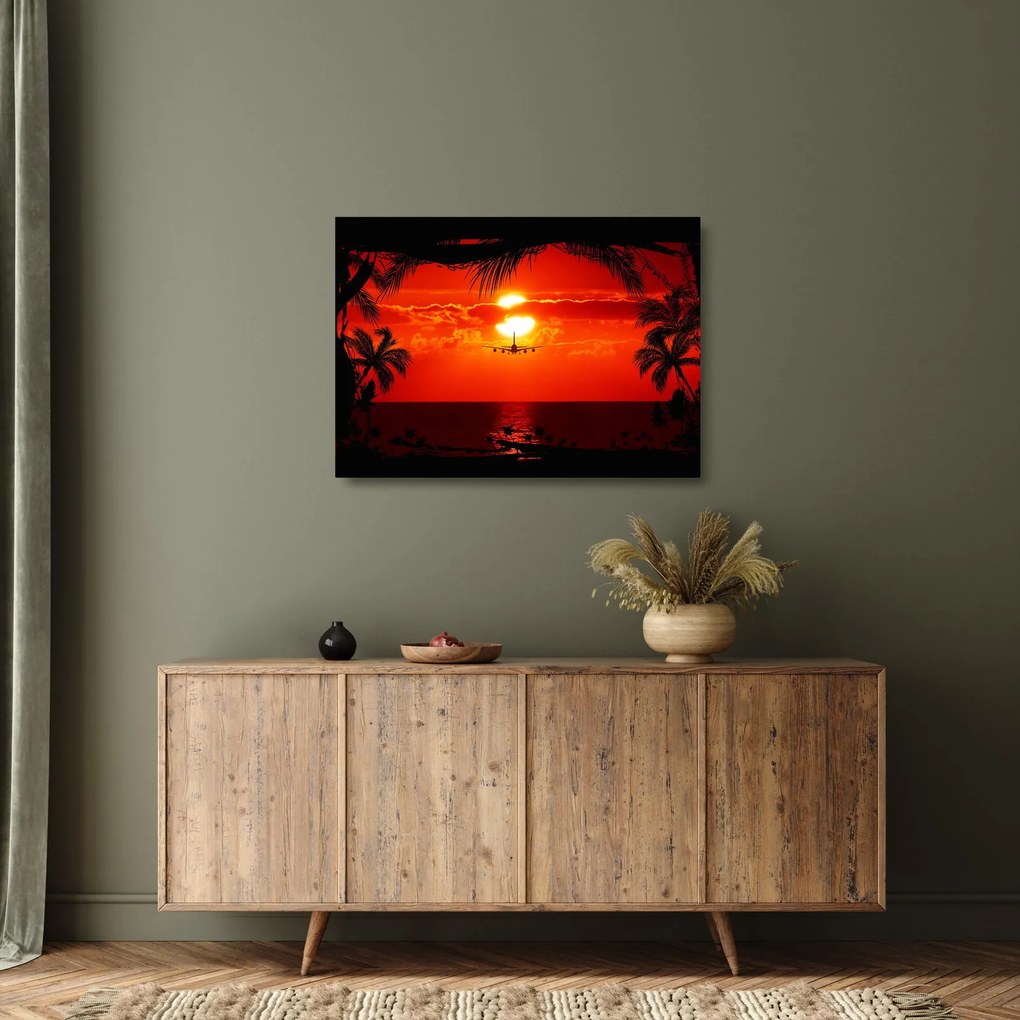 Kép - naplemente repülőgéppel (üvegen) (70x50 cm)