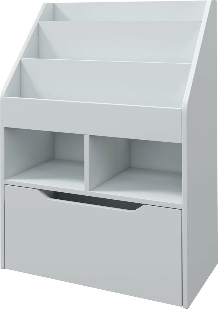 HOMCOM Gyermekkönyves Polc, Gyermek Polc Fiókkal, 3 Polc és 2 Nyitott Rekesz, Tároló Polc Gyerekszobába, Játszószobába, Szürke, 60 x 29.9 x 90 cm | Ao