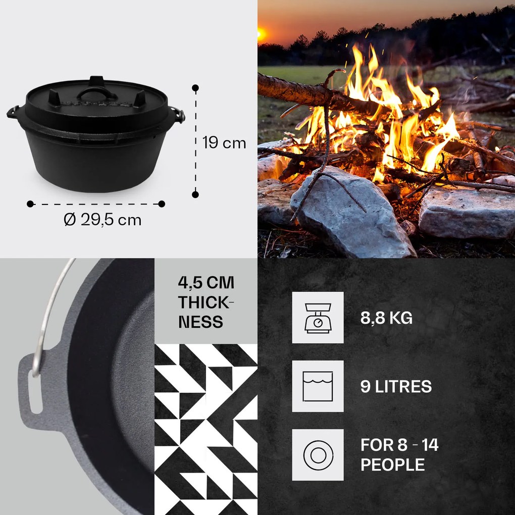 Klarstein Guernsey, prémium öntöttvas edény, 9.0 barbecue edény, öntöttvas, hőkezelt, L/9 l méret