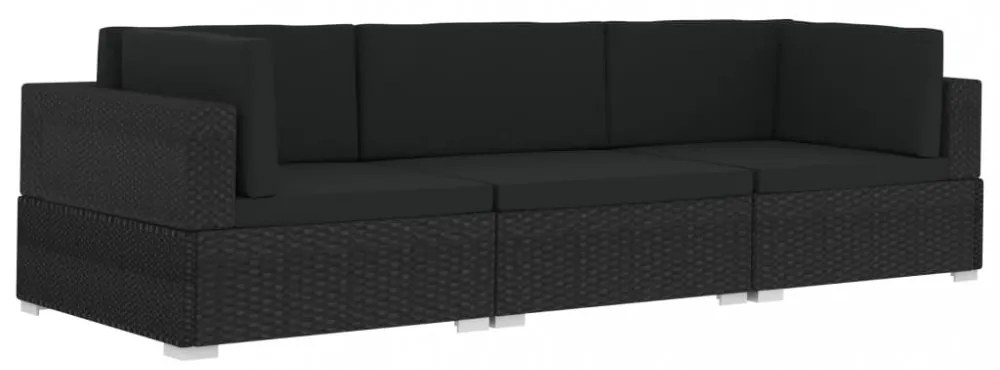 3 darabos fekete polyrattan kerti kanapészett párnákkal