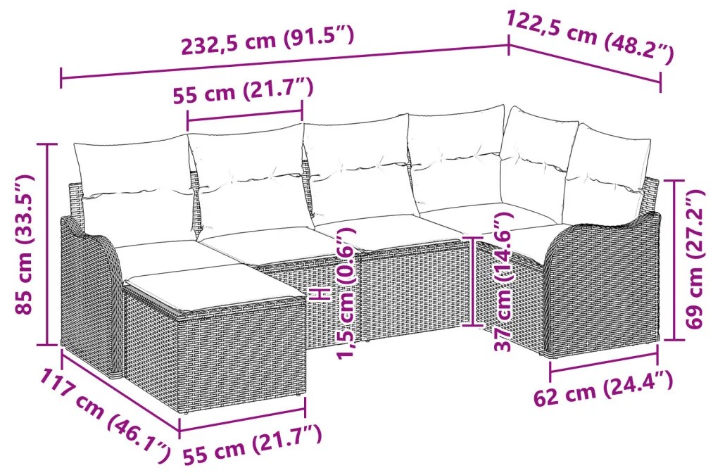 6 darabos kertibútor szett párnákkal világosszürke poli rattan, 2-személyes kertibútor párnákkal világosszürke poli rattan