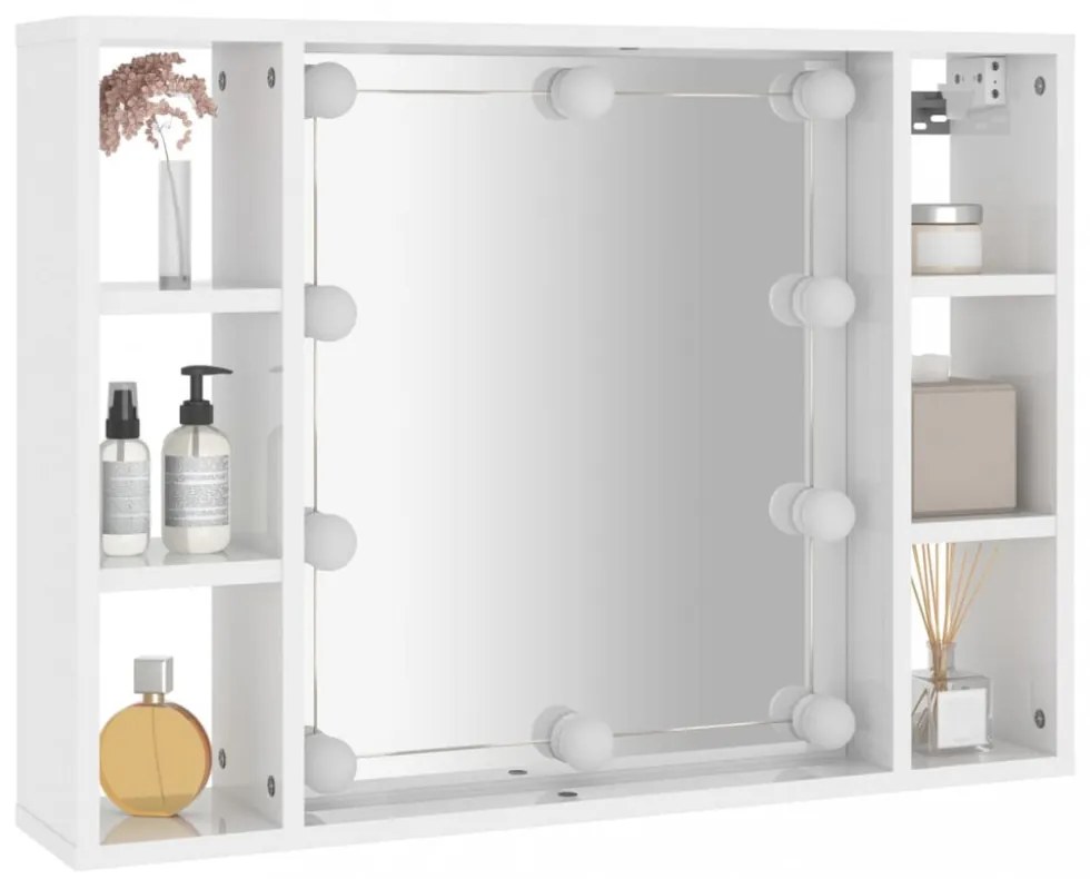 magasfényű fehér tükrös szekrény LED-ekkel 76 x 15 x 55 cm