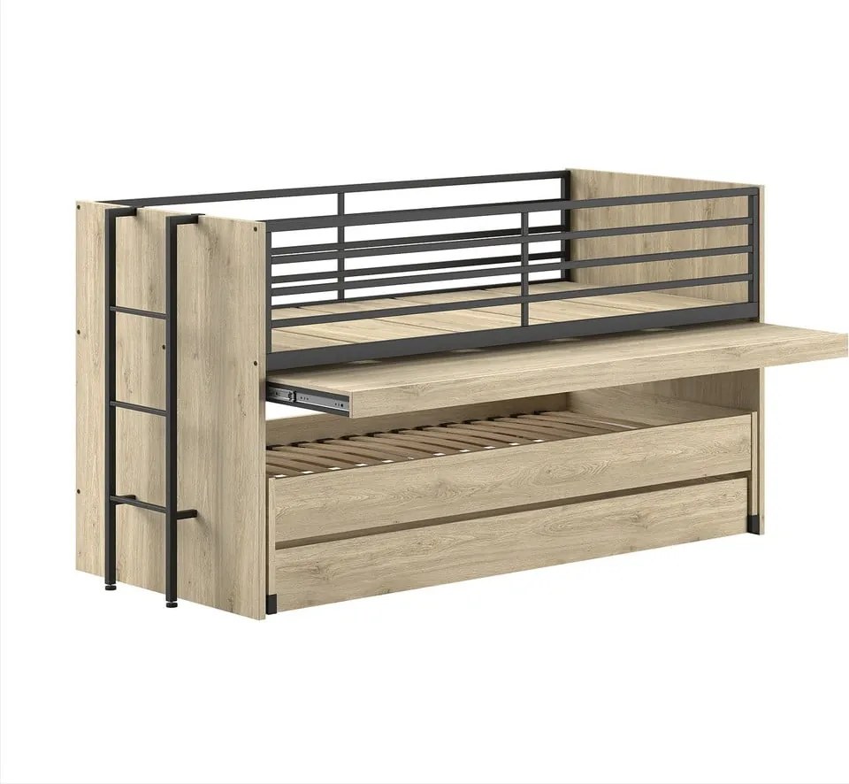 Natúr színű emeletes gyerekágy íróasztallal, kihúzható pótággyal, ágyráccsal 90x200 cm Sam – Vipack